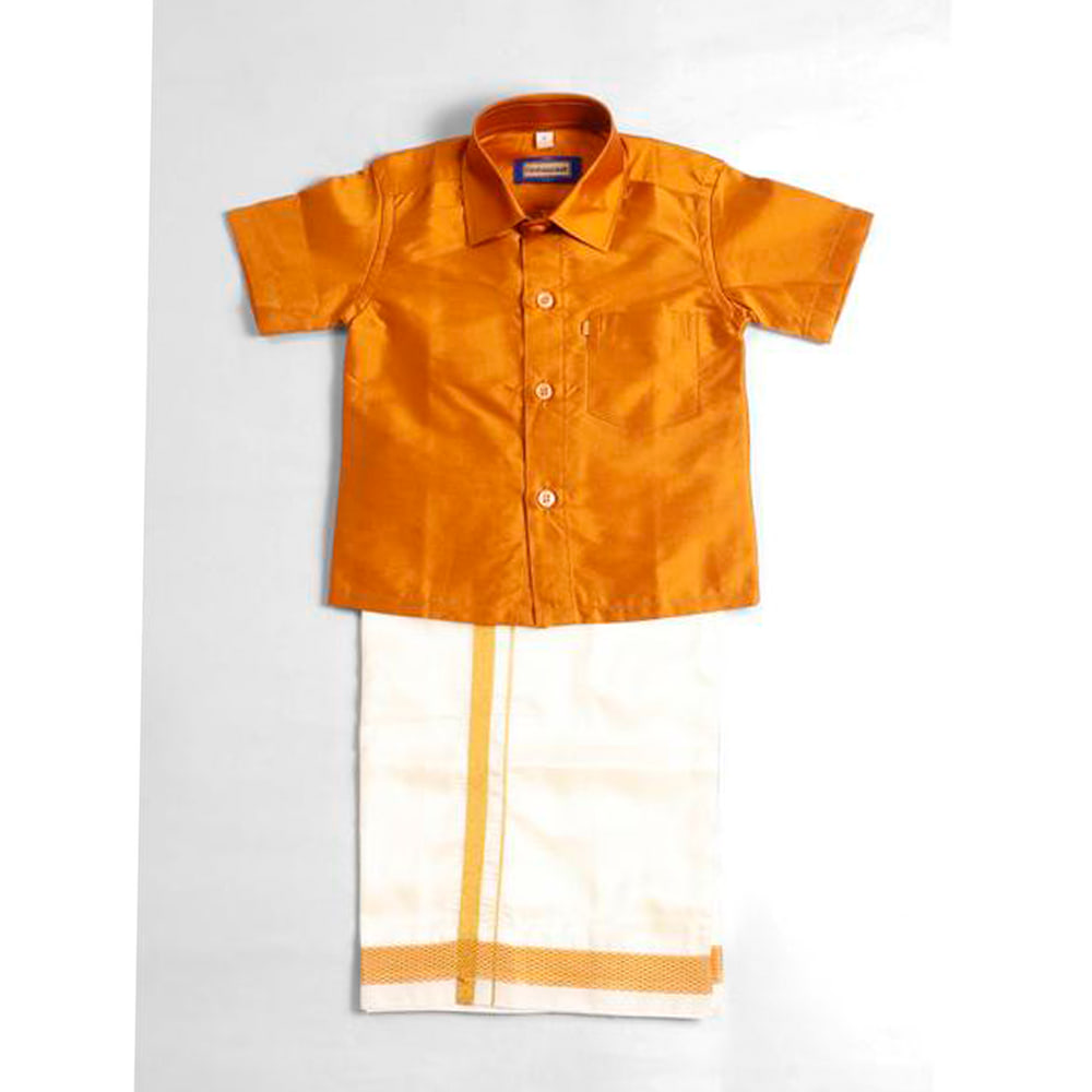 Kids Boys Golden Silk Cotton Shirt and Dhoti Set