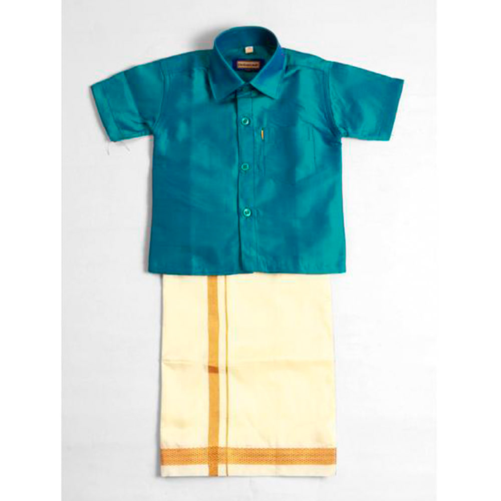 Kids Boys Teal Blue Silk Cotton Shirt and Dhoti Set