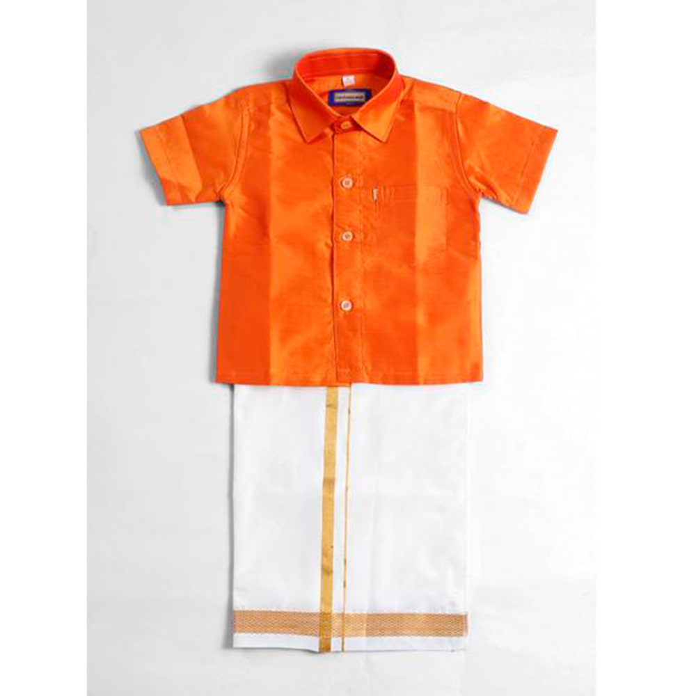Kids Boys Orange Silk Cotton Shirt and Dhoti Set