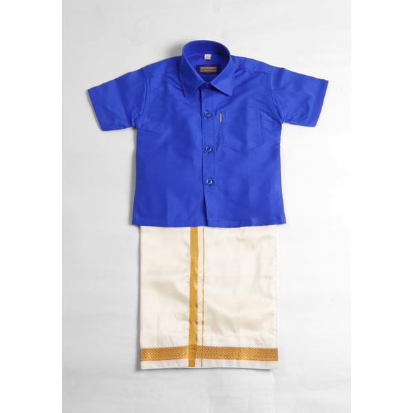 Kids Boys Blue Silk Cotton Shirt and Dhoti Set