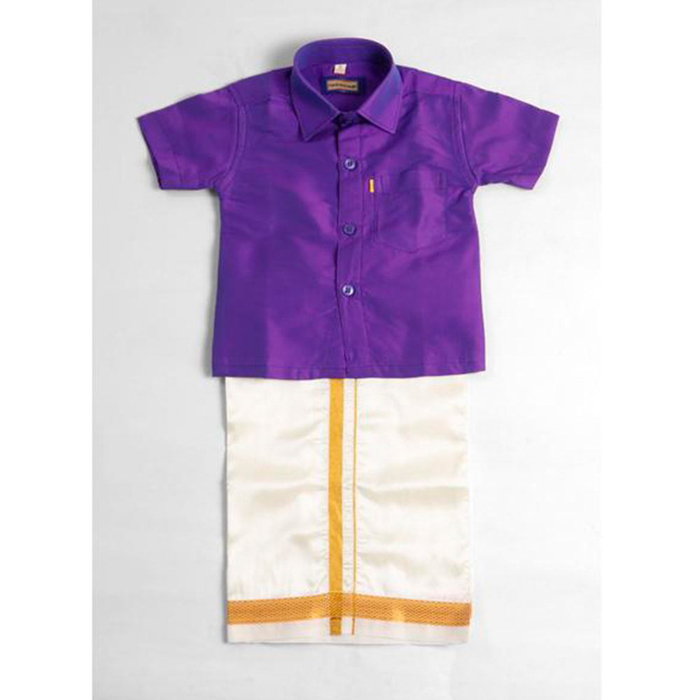 Kids Boys Violet Silk Cotton Shirt and Dhoti Set