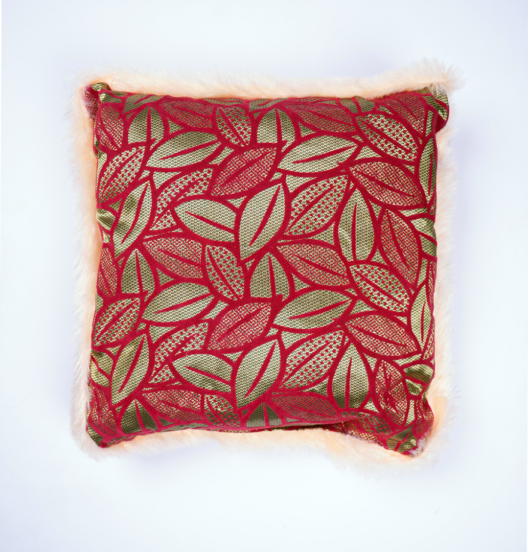 BROCADE & VELVET RED SQUARE CUSHION PILLOW WITH MICROFIBRE BORDER