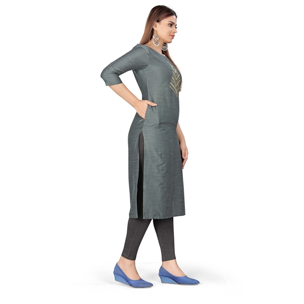 Solid Grey with Yoke Embroidered Design Round Neck Kurtis for Women