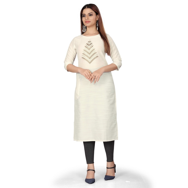 Solid White with Yoke Embroidered Design Round Neck Kurti for Women