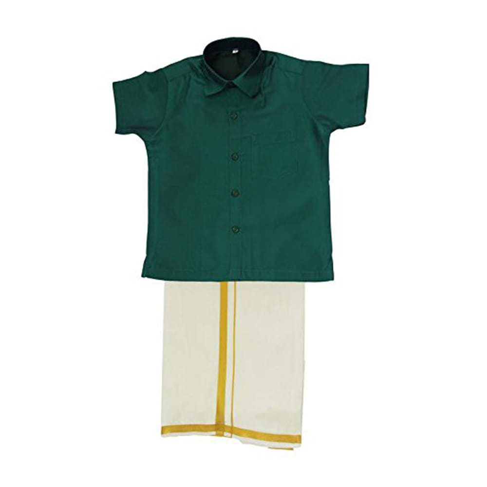 Kids Boys Green Silk Cotton Shirt and Dhoti Set