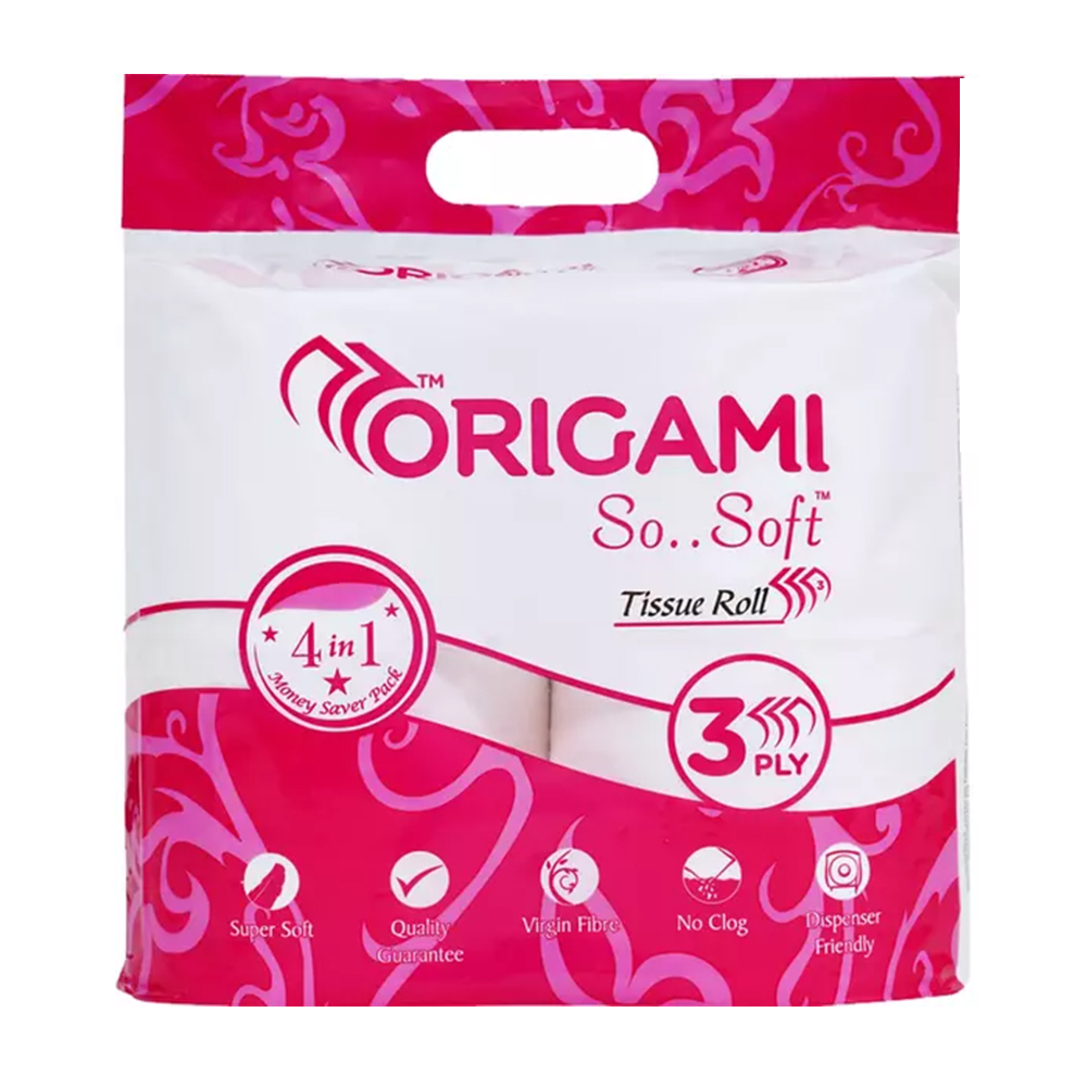 Origami Toilet Tissue Paper Roll- 3 Ply (4N Roll x 340 Pulls Per Roll) (10cm x 9.8cm) 1360N
