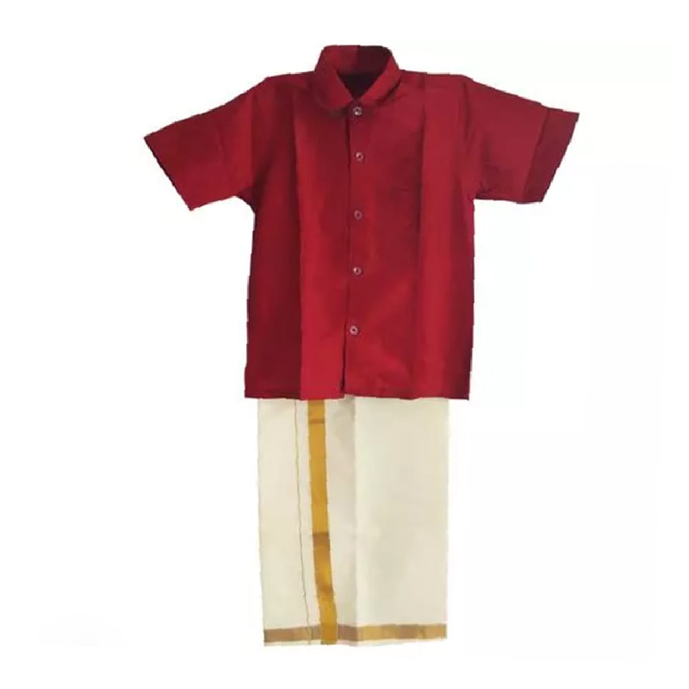 Kids Boys Maroon Silk Cotton Shirt and Dhoti Set