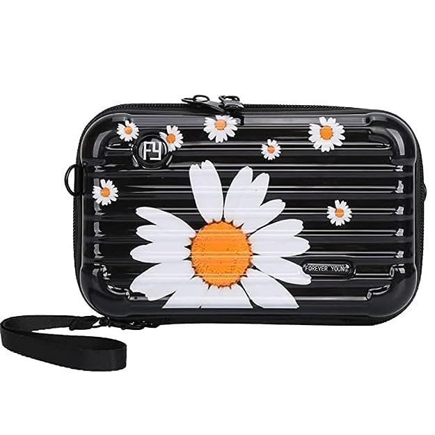 Black Big Floral Cross Sling Cosmetic Bag Box For Girls with Detachable Shoulder Strap