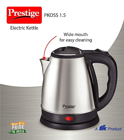 Prestige PKOSS 1.5 Stainless Steel Electric Kettle 1500W (Silver and Black, 1.5L)