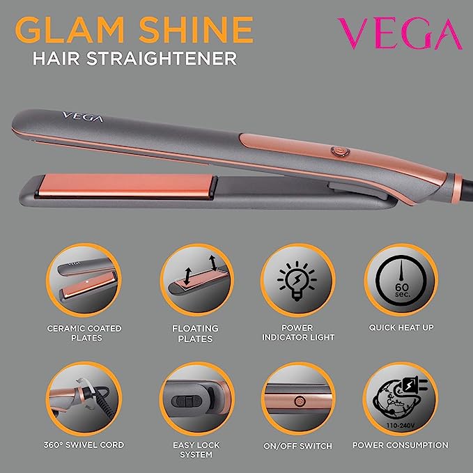 VEGA Glam Shine Hair Straightener With Ceramic Coated Floating Plates & Quick Heat Up VHSH-24