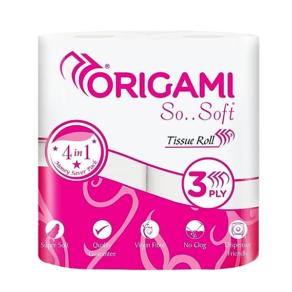 Origami Toilet Tissue Paper Roll- 3 Ply (340 Pulls Per Roll) (10cm x 9.8cm) (Pack of 3)