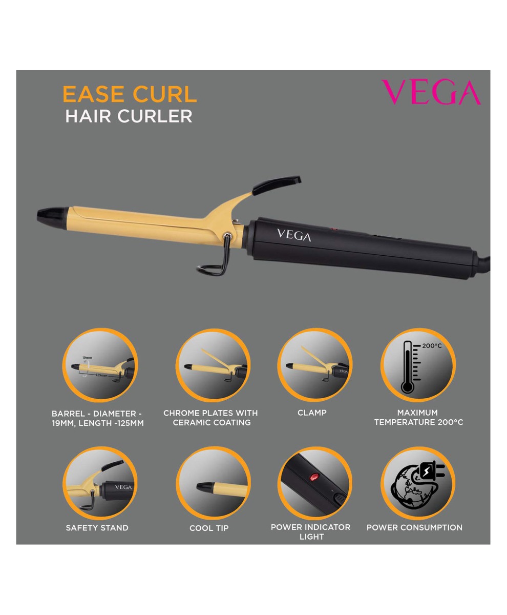 Vega Ease Curl 19 mm Barrel Hair Curler With Ceramic Coated Plates - Mustard VHCH-02