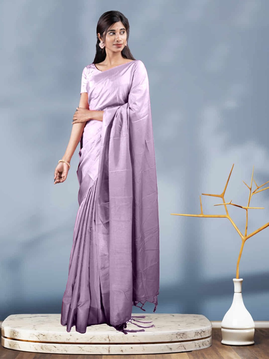 Stylish Fashion Light Purple Vichitra Silk Plain Saree for Women