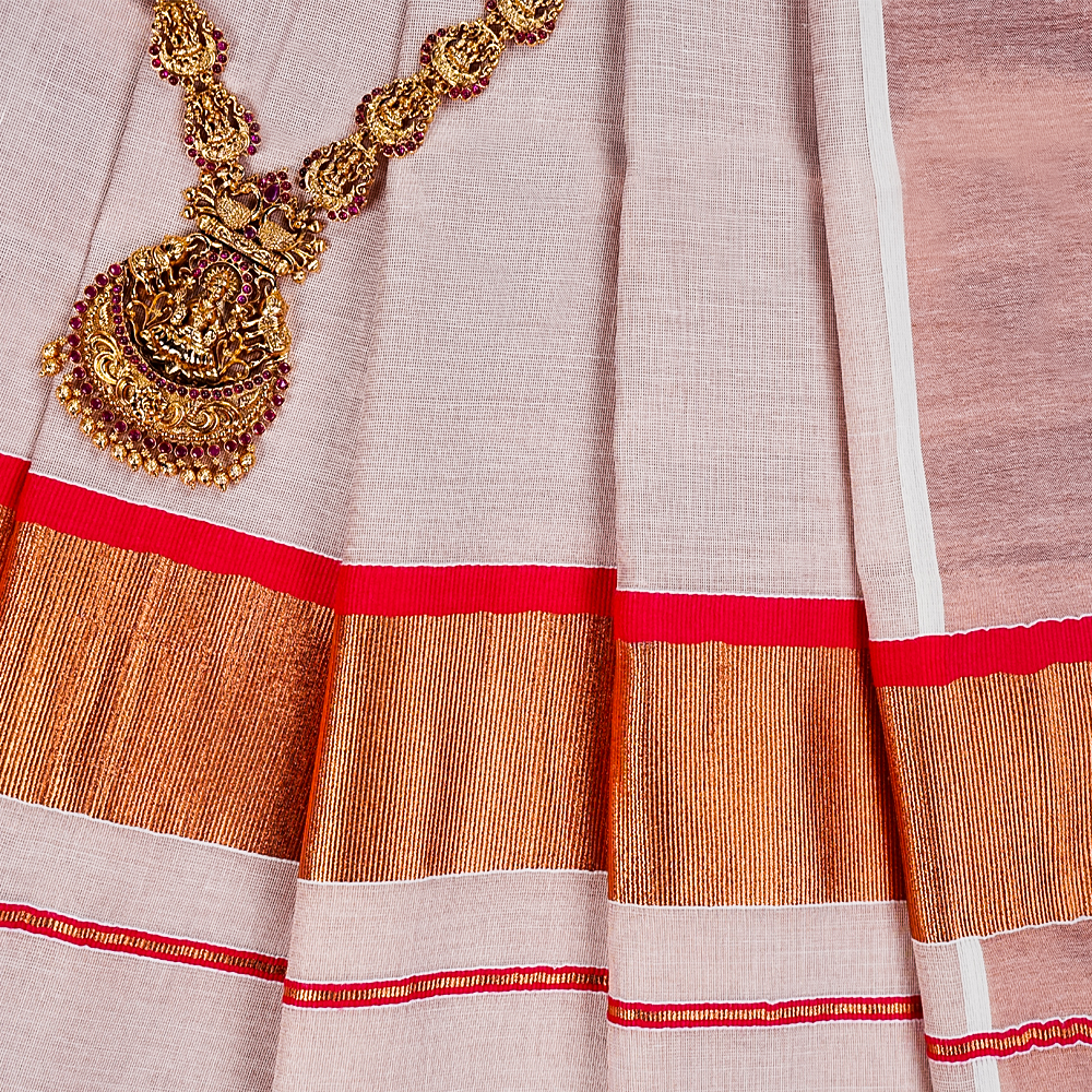 Copper Tissue Kerala Saree with 3 Inch Copper and Pink Zari Border