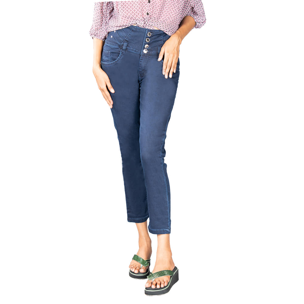 Denim Dark Blue Mid Rise 4 Button Jeans | Slim fit Smart Girl jeans for Women