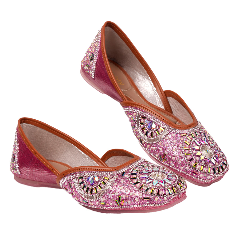 Embellished Bridal Shoes, Mirror Work Jutti, Mojari-Pink-40
