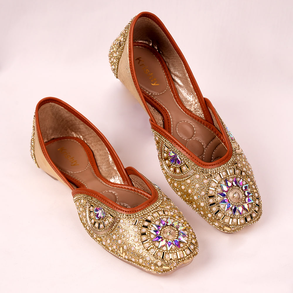 Embellished Bridal Shoes, Mirror Work Jutti, Mojari-Gold-40