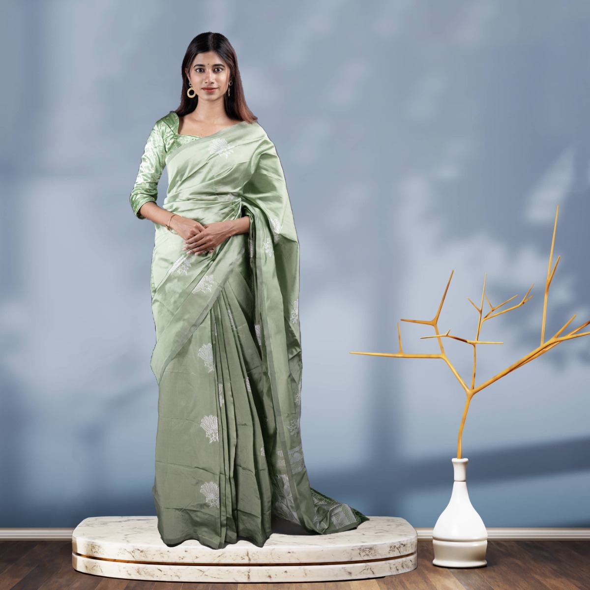 Gorgeous Metallic Look Vichitra Silk Saree with Fancy Embroidered Details
