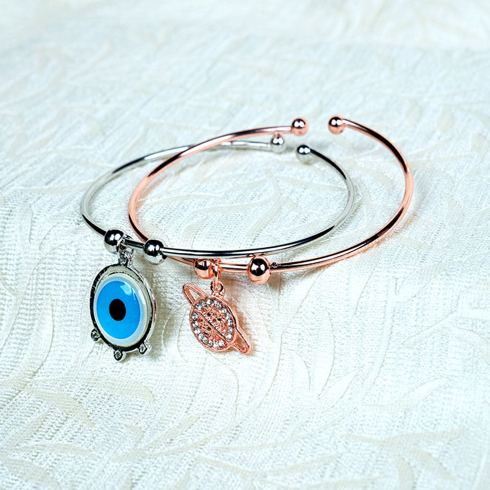 Fashion Charm With Adjustable Silver & Rose Gold 2Pc Bracelet | Evil Eye Bracelet (Pack of 3)