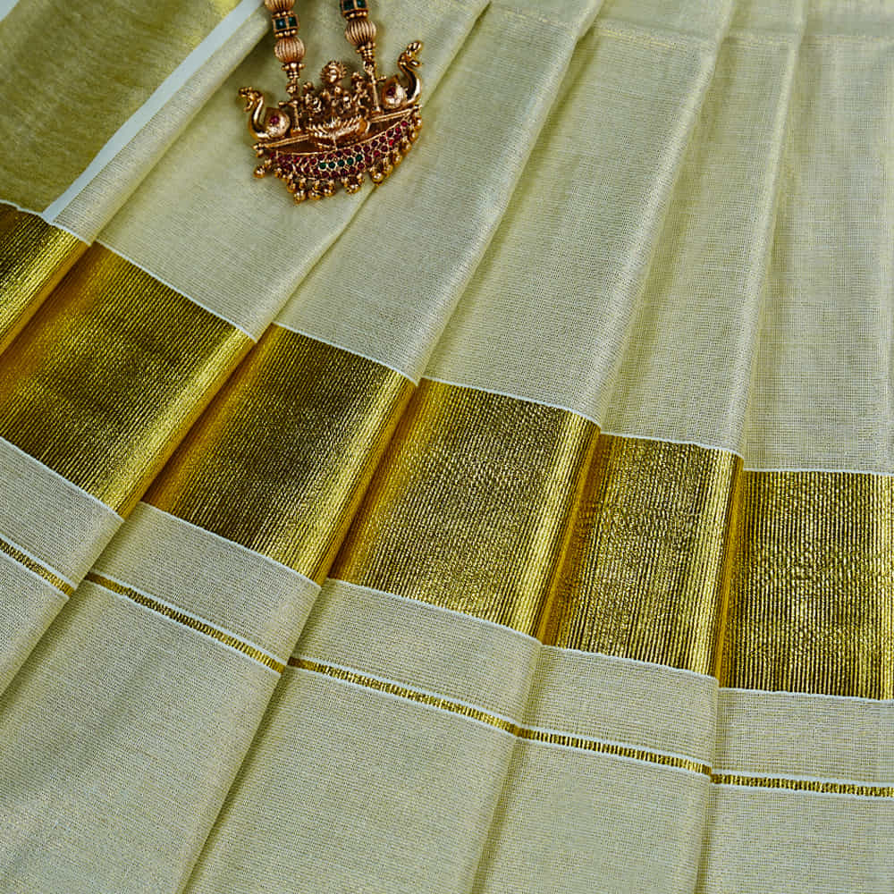 Gold Tissue Kasavu Kerala Saree with 3 Inch Gold Border