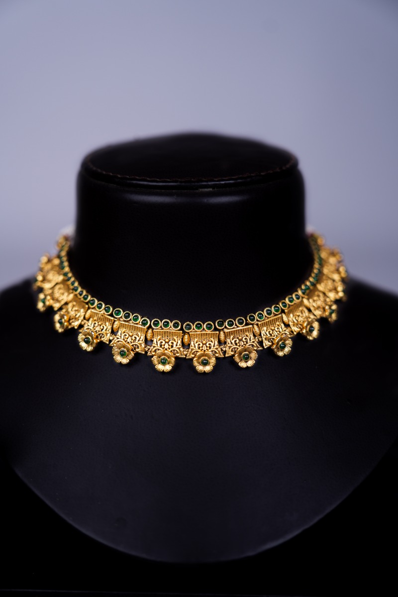 Gold Plated Filligree Work with Green Stone Detailing Necklace Set 
