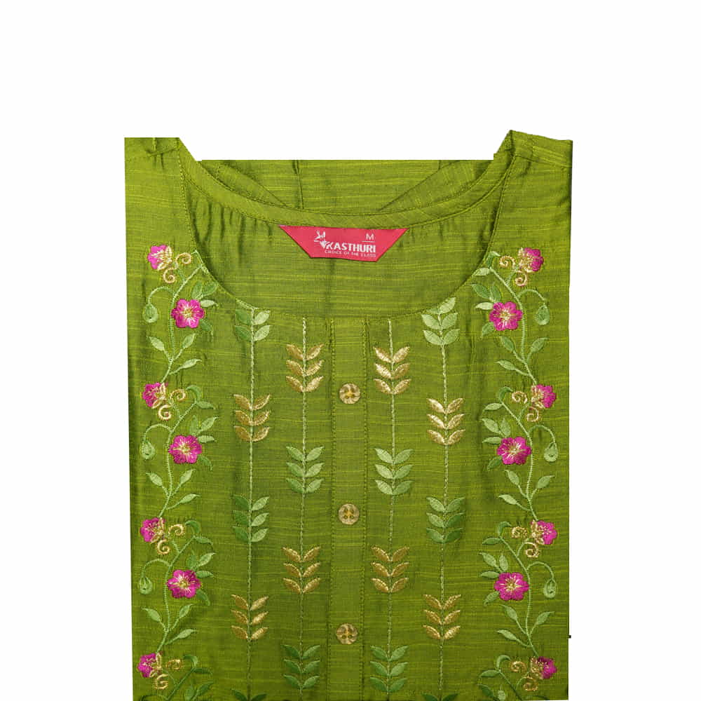Embroidered Yoke Design Round Neck Green Kurti for Women