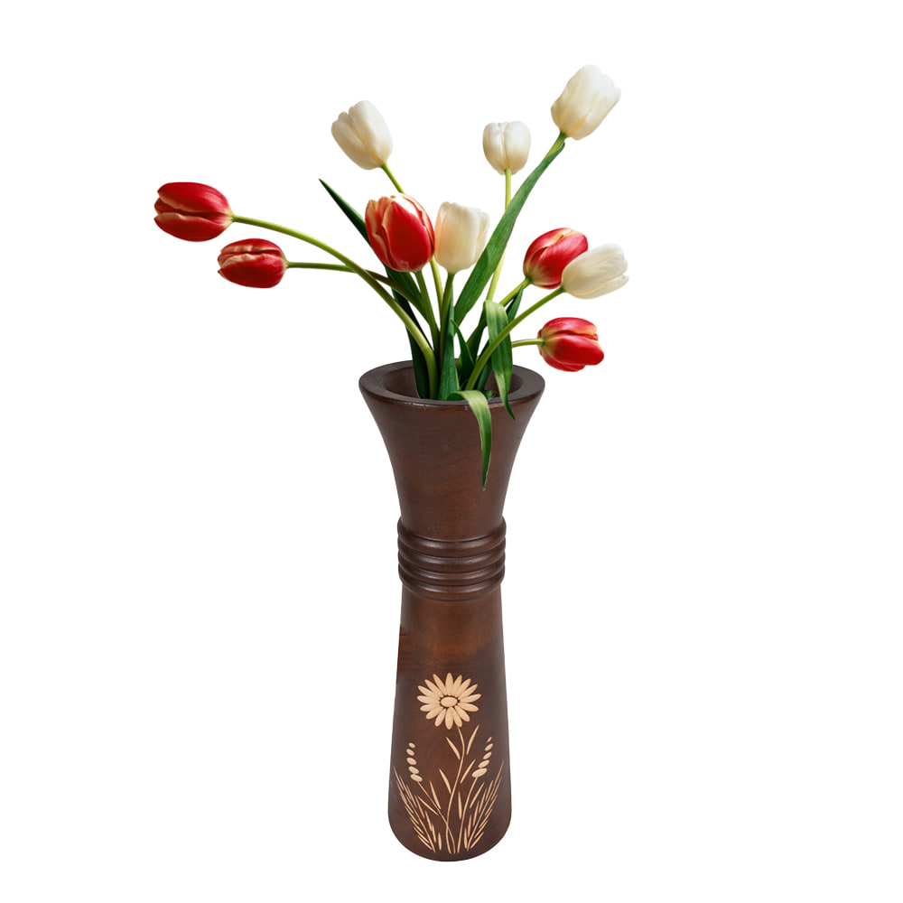 Home Decor Daisy Flower Art Etched Smooth Finish Wooden Flower Vase