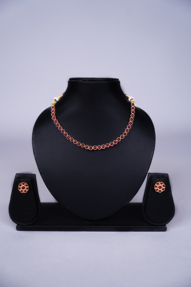 Pink Enamel Gold Plated Necklace Set with Earring