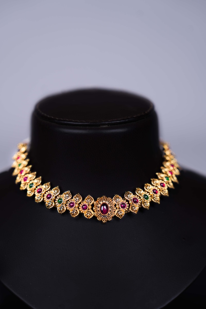 Gold Plated with Pink & Green Stone Elegant Short Necklace with Earring Set
