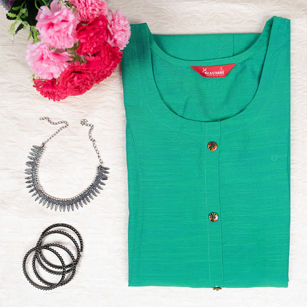 Kasthuri Caribean Green Silk Cotton Straight Solid Coloured Princess Cut Kurti With Pockets For Women