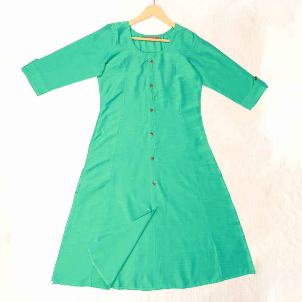Kasthuri Caribean Green Silk Cotton Straight Solid Coloured Princess Cut Kurti With Pockets For Women