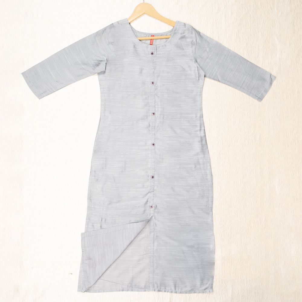 Kasthuri Grey Silk Cotton Straight Solid Coloured Princess Cut Kurti With Pockets For Women