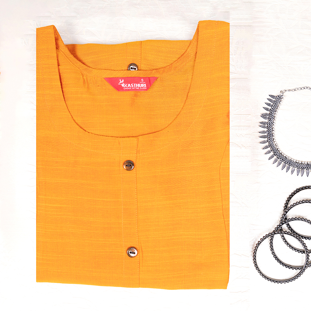 Kasthuri Light Orange Silk Cotton Straight Solid Coloured Princess Cut Kurti With Pockets For Women