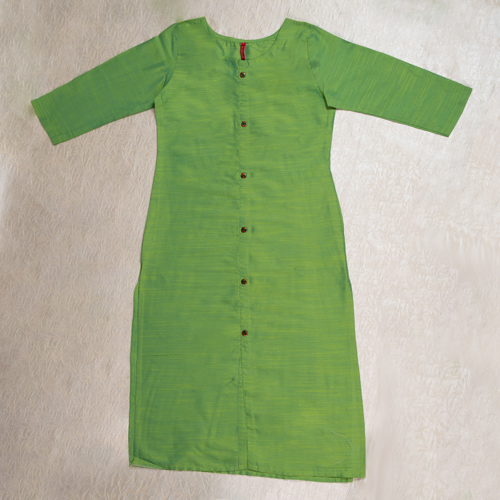 Kasthuri Meadow Green Silk Cotton Straight Solid Coloured Princess Cut Kurti With Pockets For Women