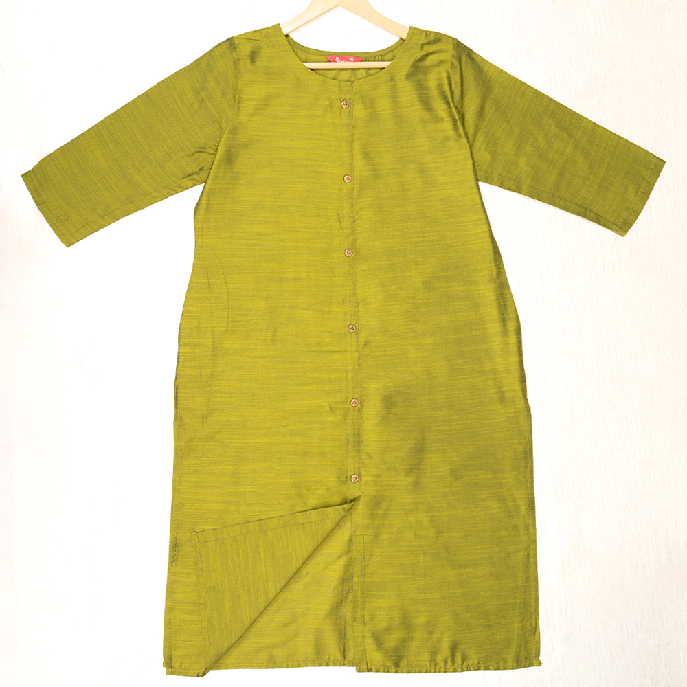 Kasthuri Olive Green Silk Cotton Straight Solid Coloured Princess Cut Kurti With Pockets For Women