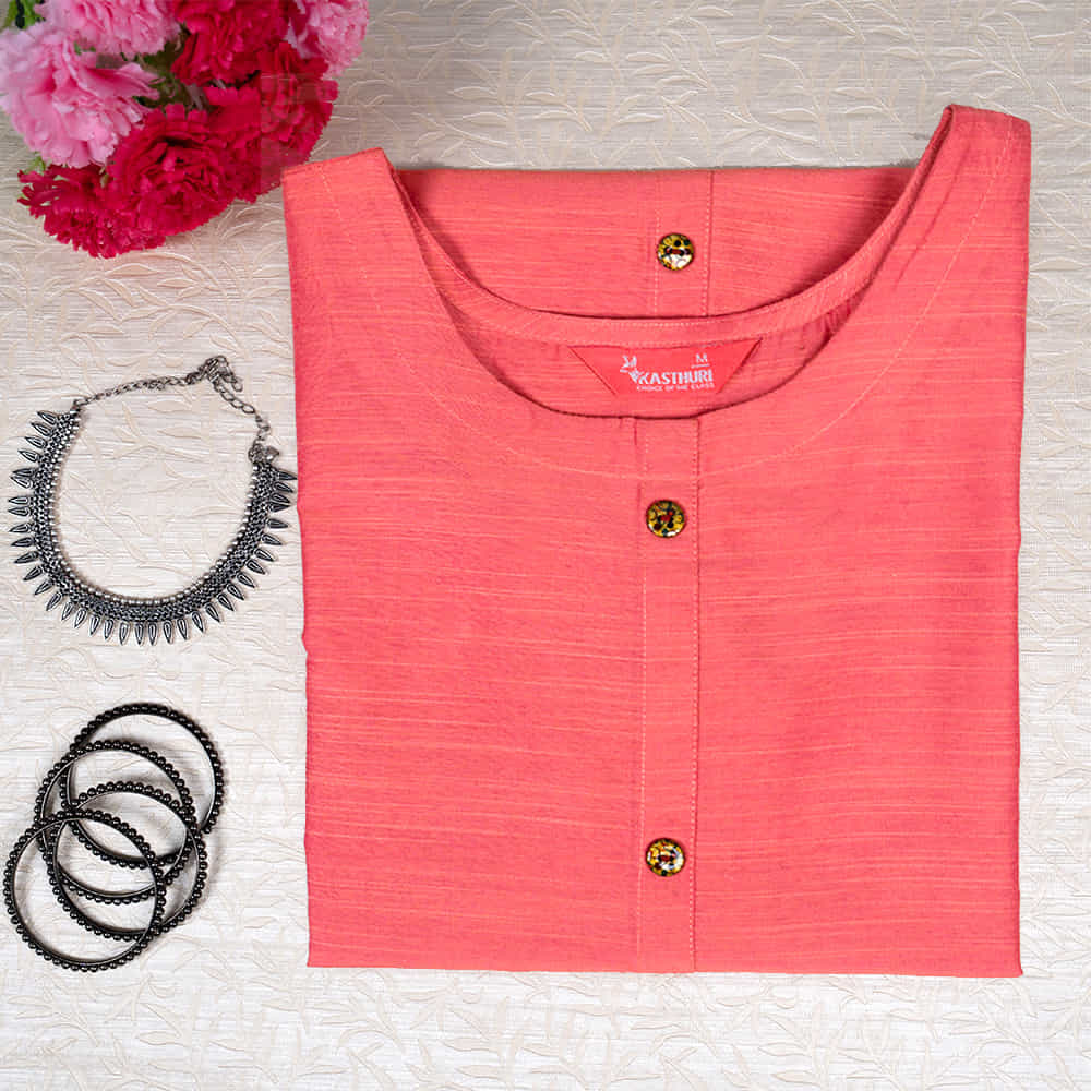 Kasthuri Peach Silk Cotton Straight Solid Princess Cut Kurti With Pocket For Women