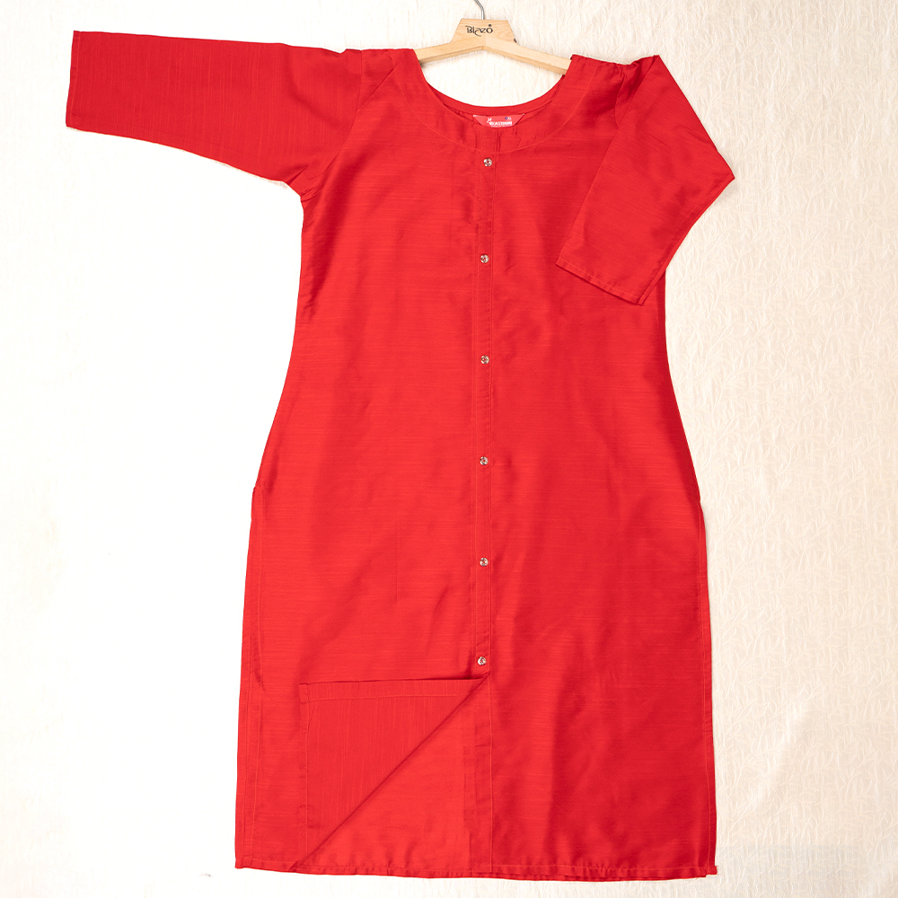 Kasthuri Red Silk Cotton Straight Solid Coloured Princess Cut Kurti With Pockets For Women