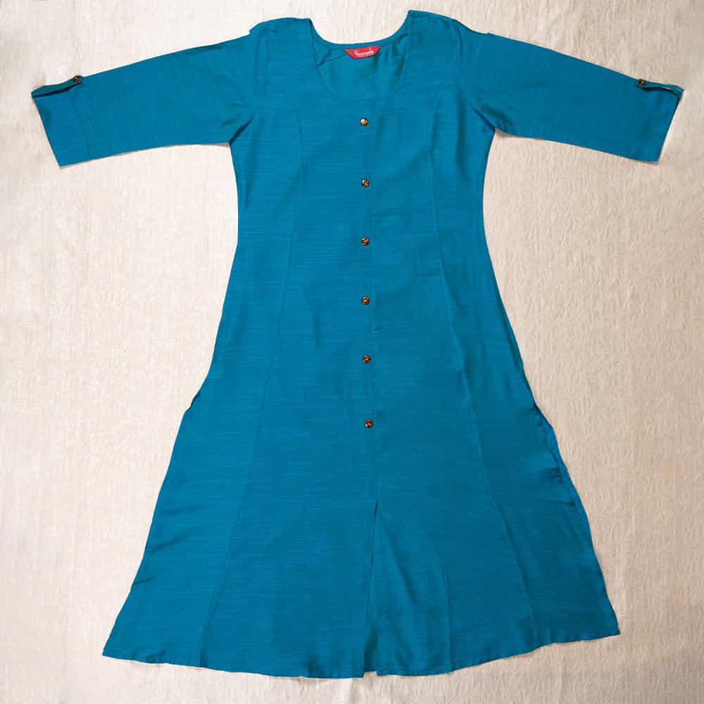 Kasthuri Teal Blue Silk Cotton Straight Solid Princess Cut Kurti With Pocket For Women