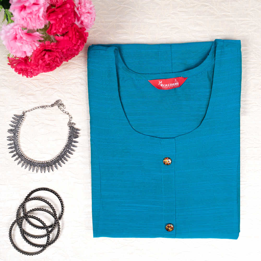 Kasthuri Teal Blue Silk Cotton Straight Solid Princess Cut Kurti With Pocket For Women
