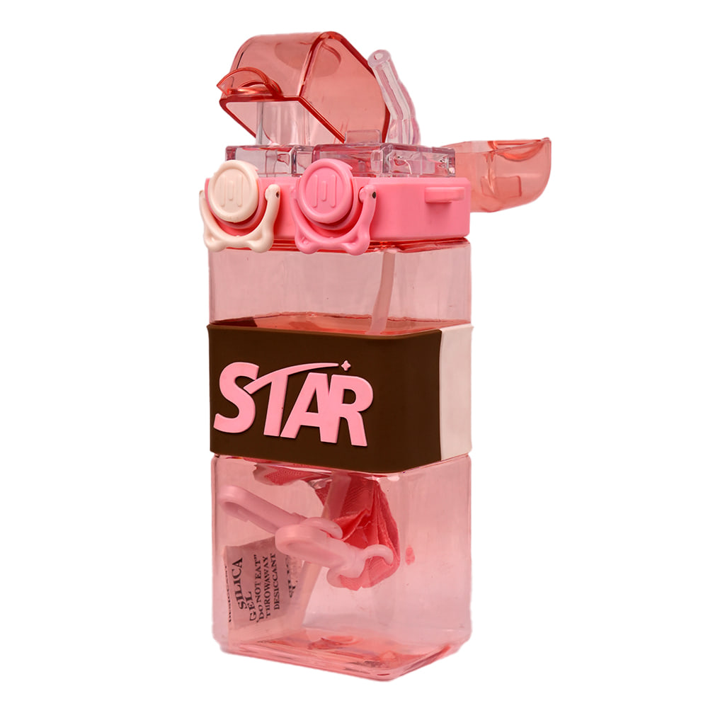 Kids Plastic Dual Straw, Press Open Water Bottle with Shoulder Strap 500ml (Assorted Color)