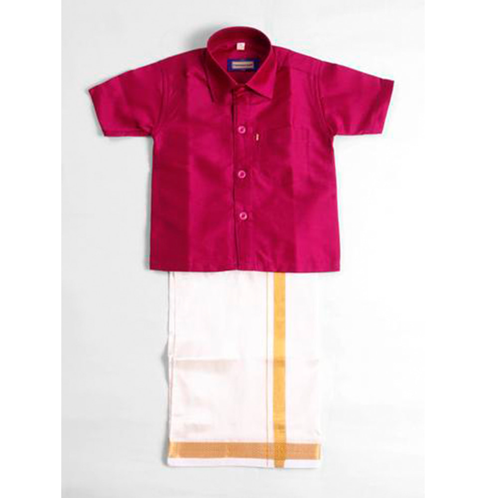 Kids Boys Magenta Silk Cotton Shirt and Dhoti Set