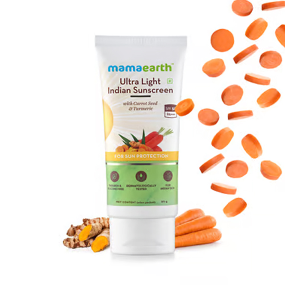 Mamaearth Ultra Light Indian Sunscreen with Carrot Seed & Turmeric SPF 50 PA +++ for Sun Protection 80g