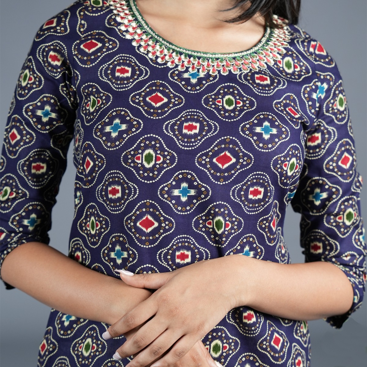 Navy Blue Cotton Block Print | Elegant Embroidered Neck Design | Kasthuri Kurti for Women