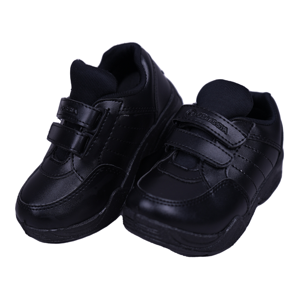 Boys Black Odyssia Velcro Closure Leather School Shoe