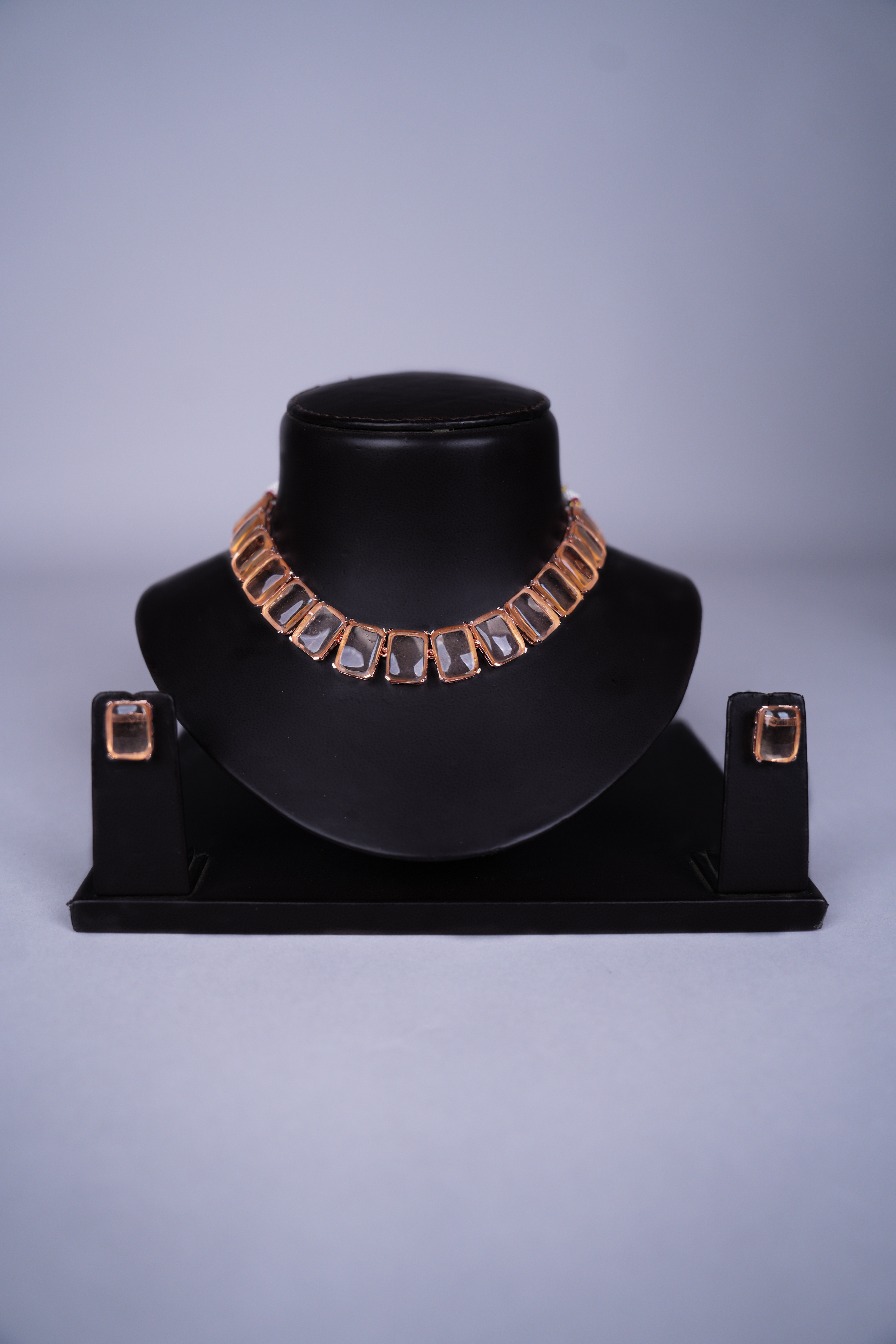 Silver Plated With Pink Gemstone Short Necklace Set-Orange