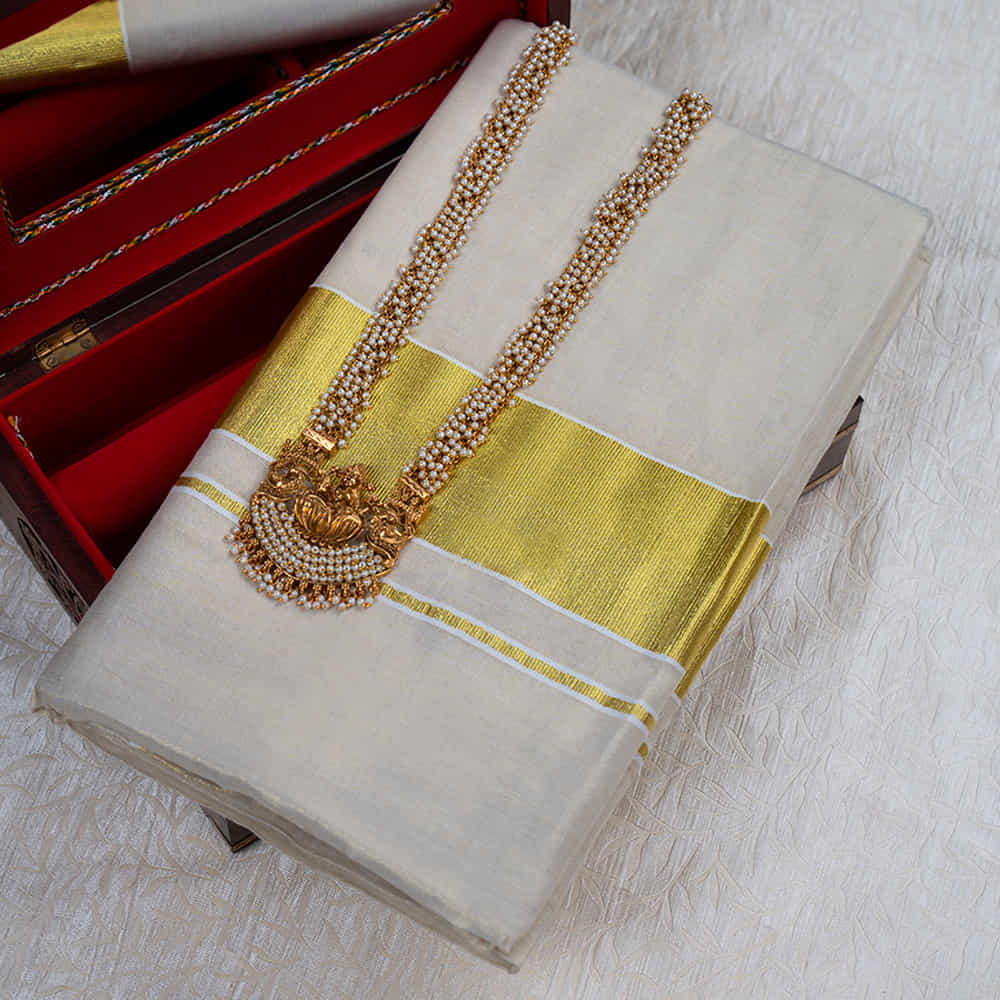 Plain Gold Tissue Kerala Saree | Nerial Saree 3 Inch