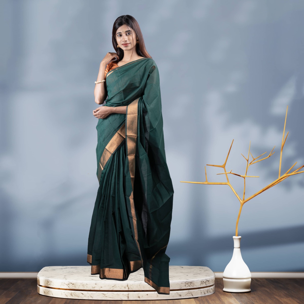 Plain Semi Jute Saree with Gold Jari Border | Elegant Indian Ethnic Wear