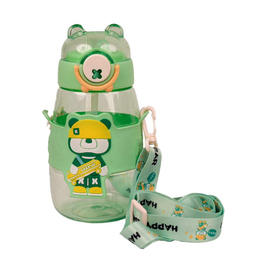 Plastic Cute Water Bottles for Kids with Soft Silicone Straw and Adjustable Strap- 600ml