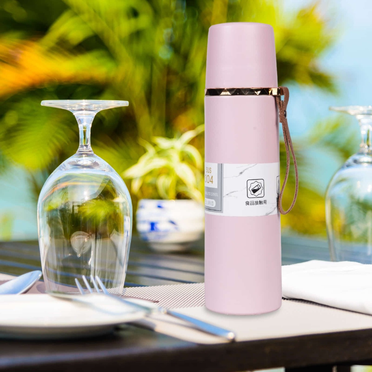 Portable Bottle with Rope Vacuum Stainless Steel Flask Cup Water 500ml