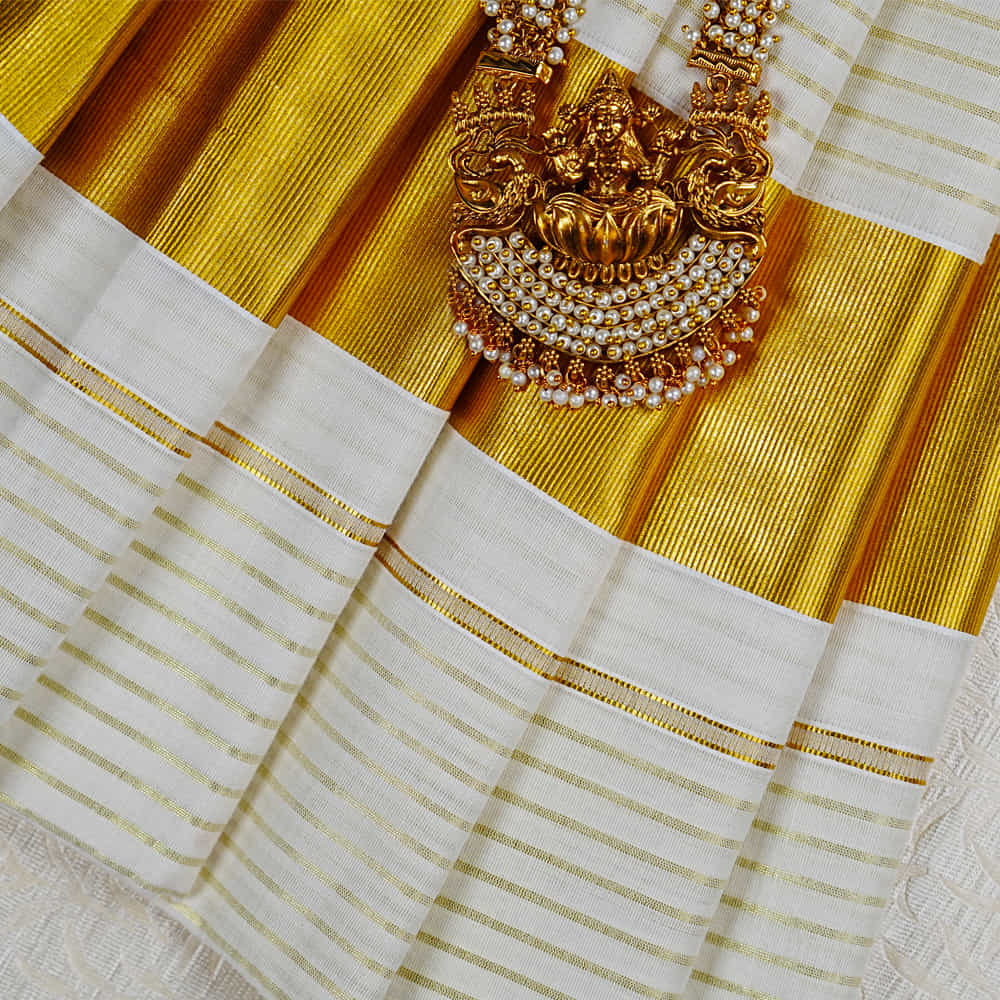 Pure Cotton Gold Striped Kerala Saree with 3 Inch Gold Zari Border